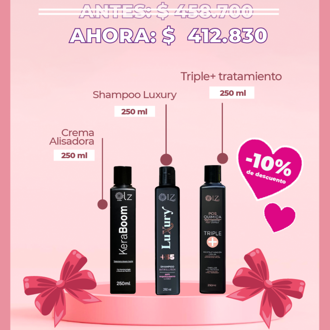 Kit Alisado Keraboom 250ml sin ácido glioxílico + Posalisado Shampoo Luxury 250ml y Triple+ Posquímica 250ml