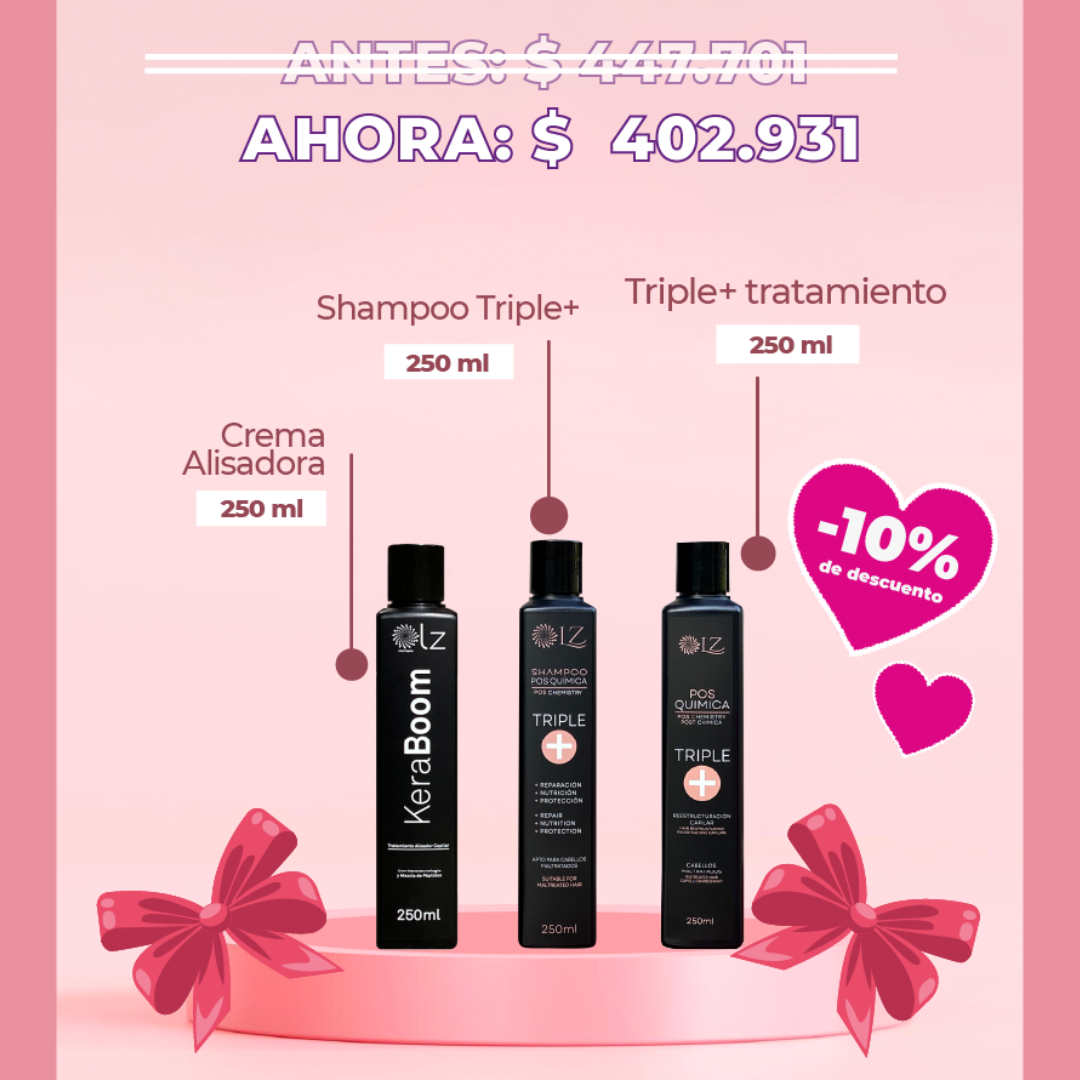 Kit Alisado Keraboom 250ml sin ácido glioxílico + Posalisado Shampoo Triple+ 250ml y Triple+ Posquímica 250ml
