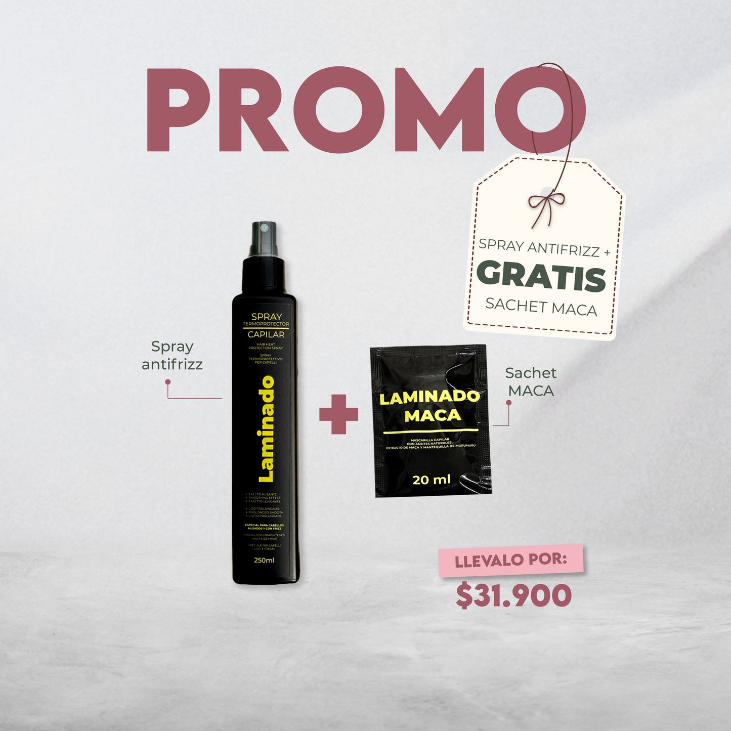 SPRAY TERMOPROTECTOR ANTIFRIZZ LAMINADO 250ml + GRATIS SACHET MACA