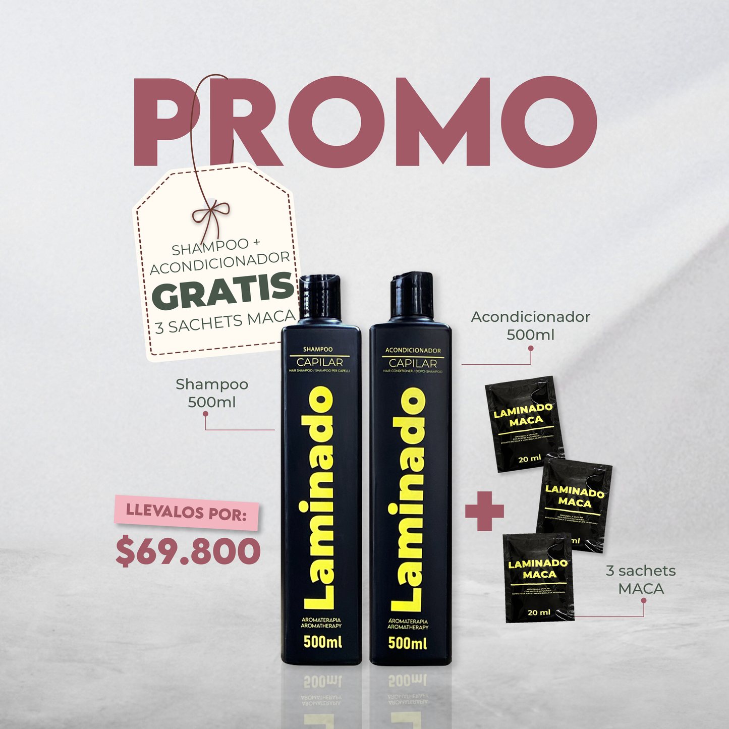 SHAMPOO LAMINADO 500ML + ACONDICIONADOR LAMINADO 500ml (GRATIS 3 SACHETS MACA)