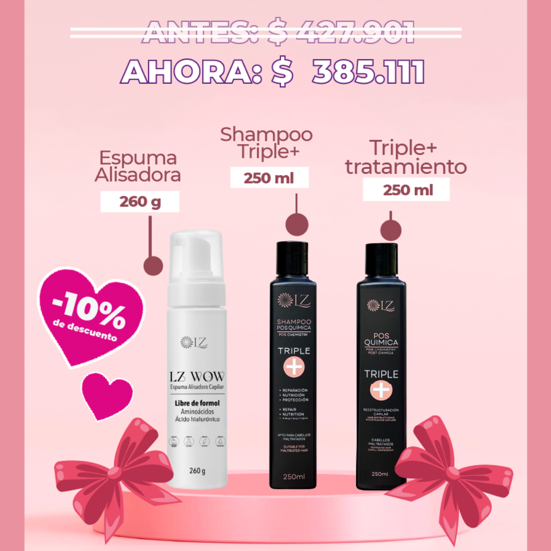 Kit Alisado en Espuma Lz wow 260gr + Posalisado Shampoo Triple+ 250ml y Triple+ Posquímica 250ml