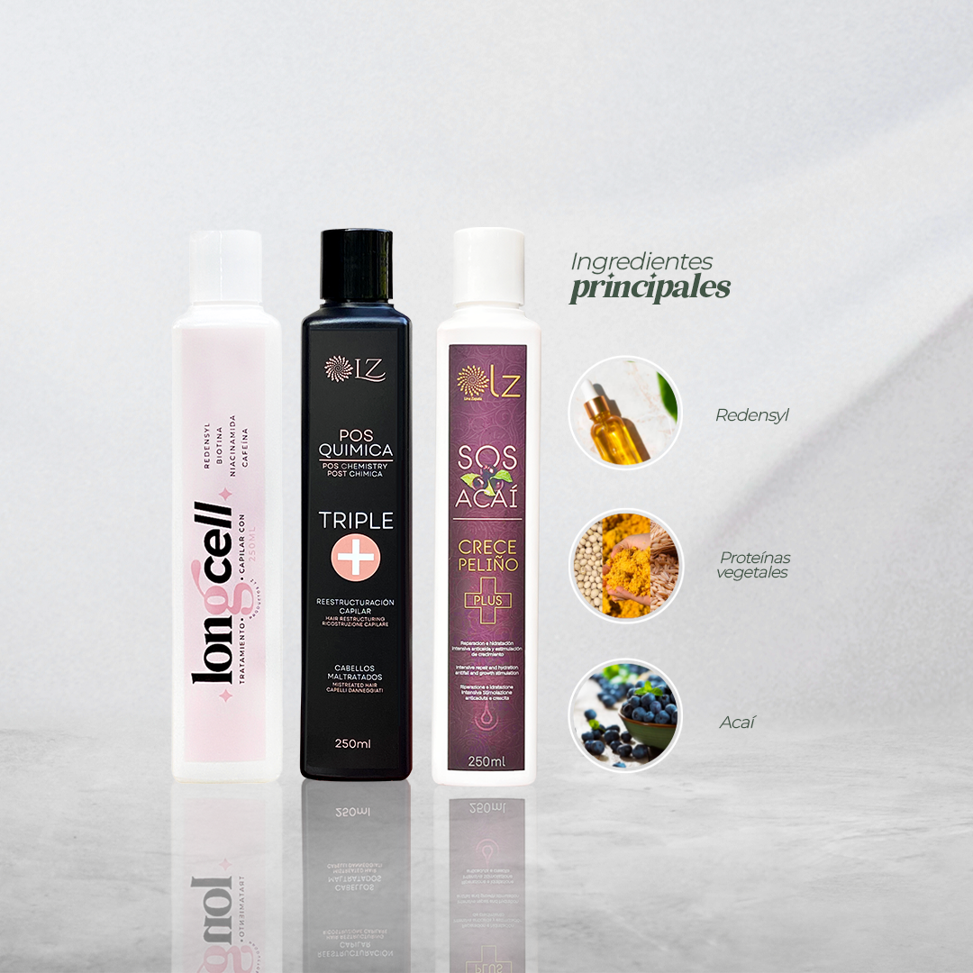KIT CÓCTEL NUTRITIVO - Hidratación y restauración profunda / LongCell - Sos Acai - Triple+ Medium 250ml