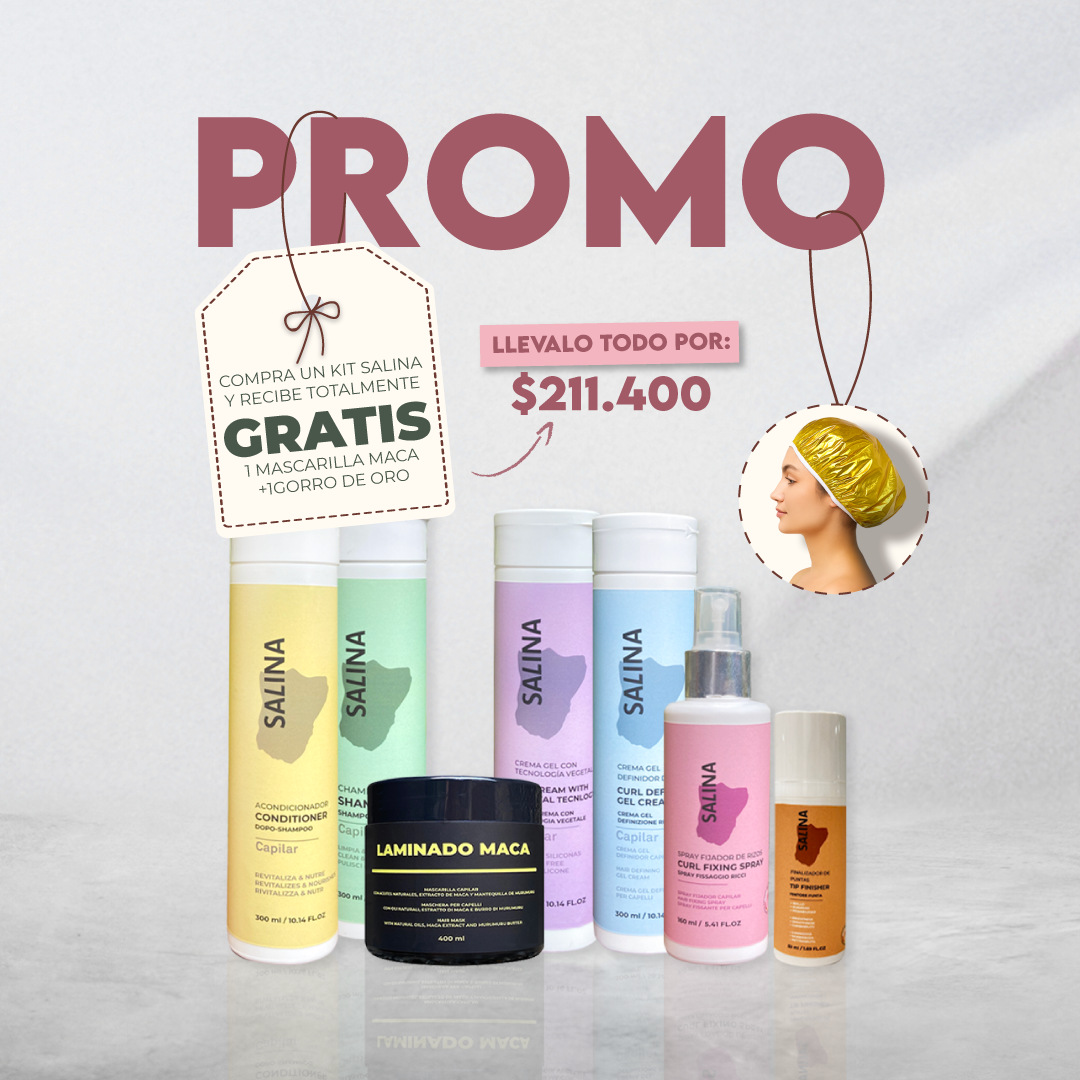 KIT SALINA para Rizos + MACA GRATIS y gorro dorado