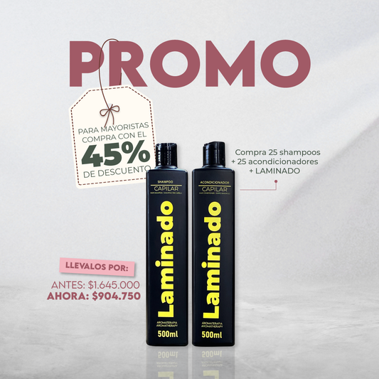 Promo 25 Unidades Shampoo Laminado 500ml + 25 Unidades Acondicionadores Laminado 500ml - 45% DCTO