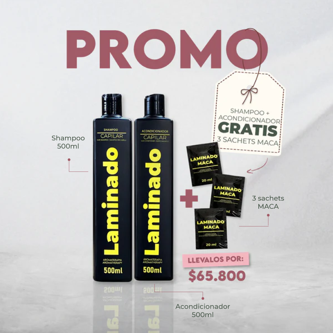 SHAMPOO LAMINADO 500ML + ACONDICIONADOR LAMINADO 500ml (GRATIS 3 SACHETS MACA)