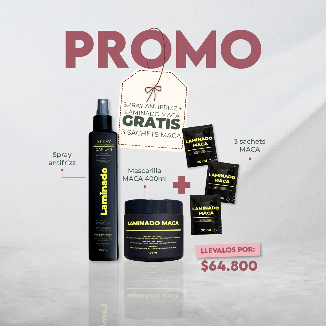 MASCARILLA MACA 400ML + TERMOPROTECTOR ANTIFRIZZ LAMINADO 250ml (GRATIS 3 SACHETS MACA)