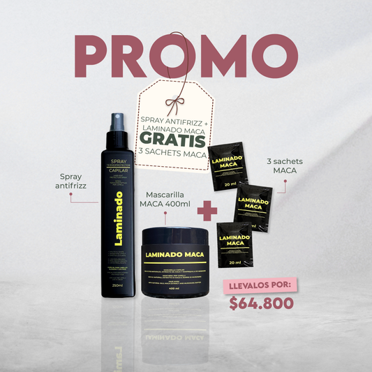 MASCARILLA MACA 400ML + TERMOPROTECTOR ANTIFRIZZ LAMINADO 250ml (GRATIS 3 SACHETS MACA)