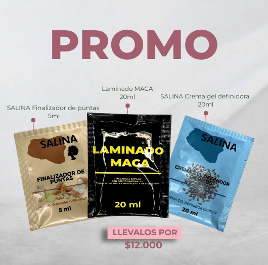 PROMO SACHET LAMINADO MACA + SACHET CREMA GEL DEFINIDORA + SACHET FINALIZADOR DE PUNTAS