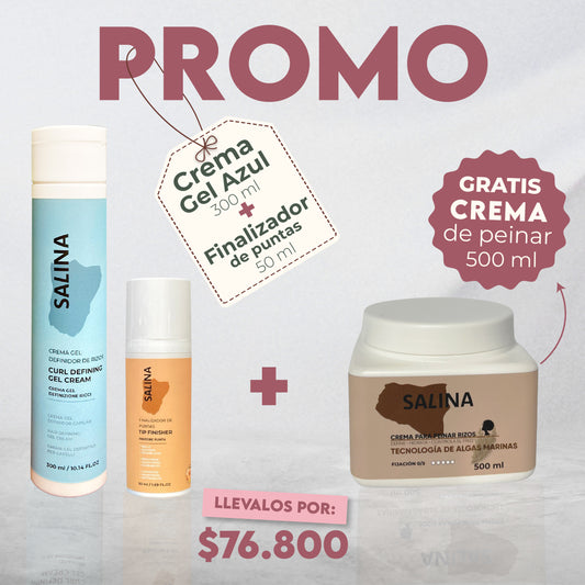 PROMO CREMA GEL AZUL DE 500ML + OLEO FINALIZADOR DE PUNTAS 50ML - GRATIS CREMA DE PEINAR PARA RIZOS 500 ML