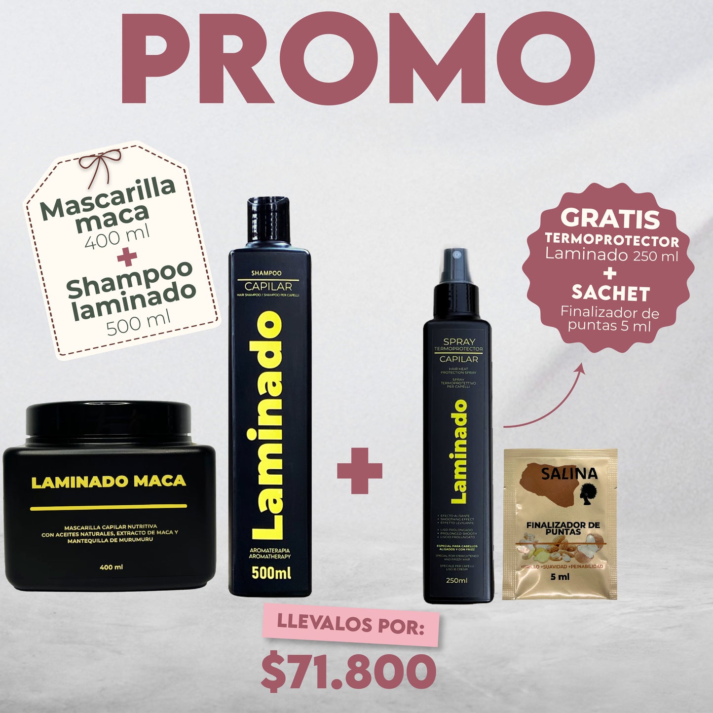 Promo LZ de Feria - Maca de 400 ml+ Shampoo Laminado 500 ml y GRATIS Spray termoprotector+ Sachet Oleo Finalizador de puntas