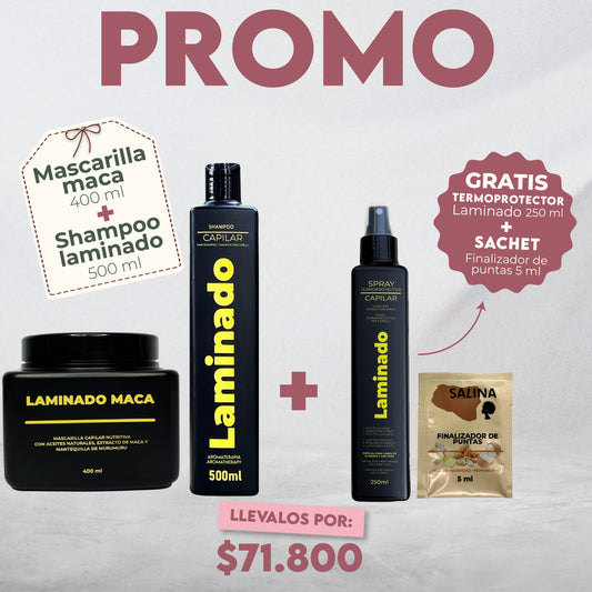 Promo LZ de Feria - Maca de 400 ml+ Shampoo Laminado 500 ml y GRATIS Spray termoprotector+ Sachet Oleo Finalizador de puntas